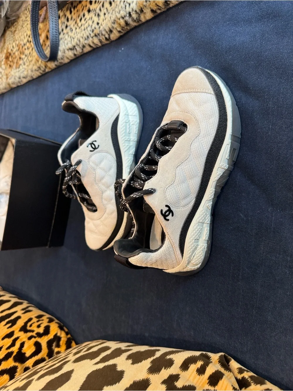 CHANEL Cream and Black Mesh & Suede Athletic Sneakers